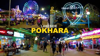 POKHARA, Nepal - City Night Walk 2023 - 4K Nightlife Walking Tour around LAKESIDE