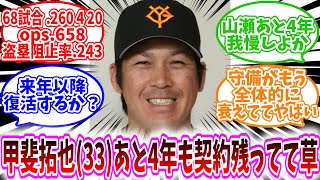 【プロ野球反応集】「甲斐拓也（33）あと4年も契約残ってて草」に対する、野球民の反応集/68試合 .260 4 20ops.658盗塁阻止率.243/山瀬あと4年我慢しよか/守備がもう全体的に衰えてる