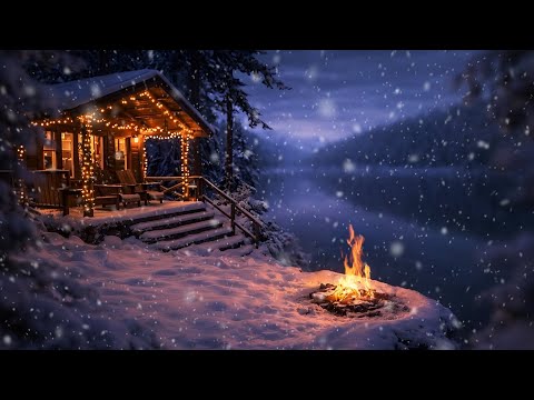 Snowy Cabin Fire Ambience at Night ❄️ Quiet Winter Lake | Sleep, Relax, Study, Focus