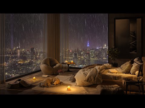 🌧️ Peaceful Ambience with Relaxing Jazz Music on a Rainy Night in New York  at Cozy Bedroom to Sleep