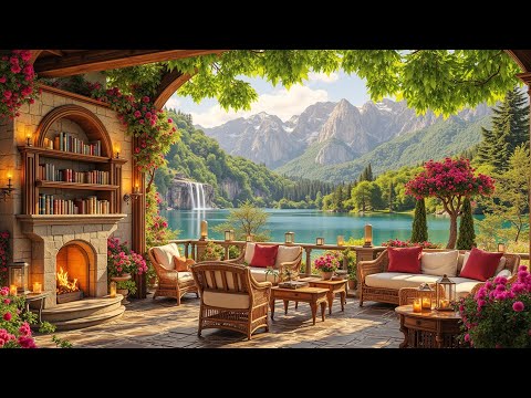 Waterfall & Books Jazz 📖 Scenic Terrace Ambience Music for Reading & Calm Study