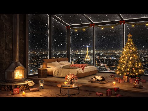 Christmas Ambience 2025 at Paris 🎄🎅 Cozy Bedroom by the Warm Fireplace with Christmas Jazz to Sleep