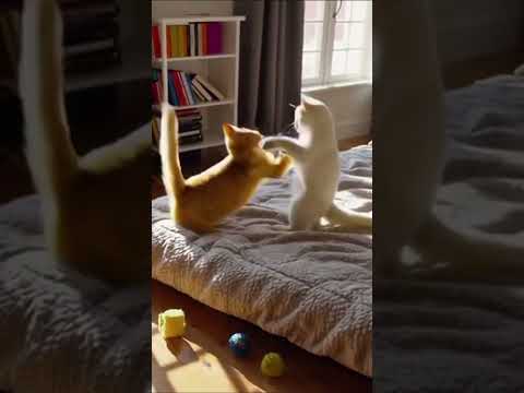Cat Paw Battle Sunlight fills the cozy room as two playful cats engage in a friendly duel on the bed