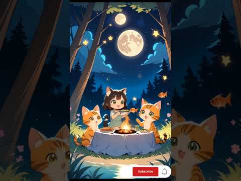 Cute Cat Cooking Fish at Night | Full Moon Campfire with Kittens | Relaxing Animal Animation