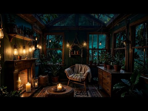 NO MID ROLL ADS | Cozy Cabin Rainstorm Ambiance | Thunder, Crackling Fireplace Rain Sound for Sleep