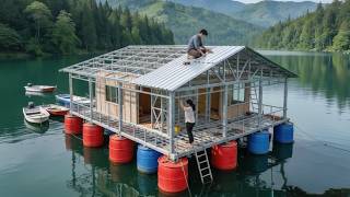 Talented woman builds FLOATING HOUSE out of BARRELS and iron at sea | By @Trieuthiduong