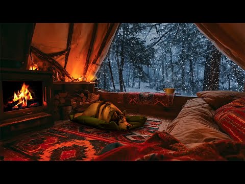 Sleep in Cozy Tent with Snowstorm Outside ❄️ Relaxing Blizzard Sounds and Fireplace for Relaxation