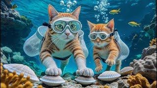 Mama Cat and Kitten’s Fresh Oyster Feast, A Peaceful Day by the Sea🐱🐟🌤️