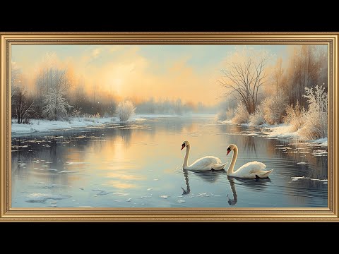 Winter Swan Lake 4K Frame TV Art Vintage Screensaver Calm Snowy Landscape Painting for Home Ambience