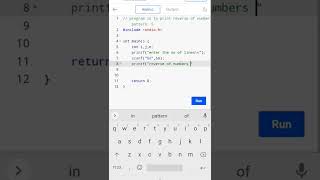 program to print reverse of numbers pattern 5 #cprogramming #codingguru #shorts 😎 #youtubeshorts