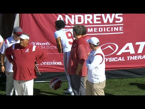 Bryce Young slams helmet on way to medical tent after shoulder injury