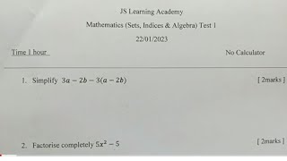 Sets, Indices, and Algebra Test 1 - JS Learning Academy