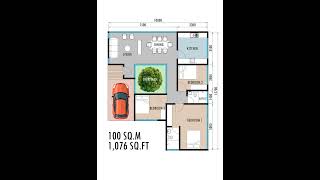 Modern Tropical House Design (100 sqm) | 3 Bedrooms + Central Courtyard + Floor Plan