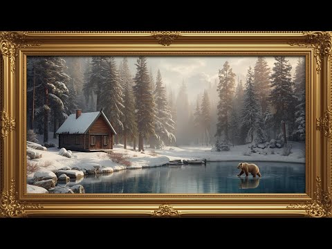 🏔️ Winter Cabin by the Lake | Cozy Snowy Ambience 4K Live | Golden Frame Art 🐻❄️
