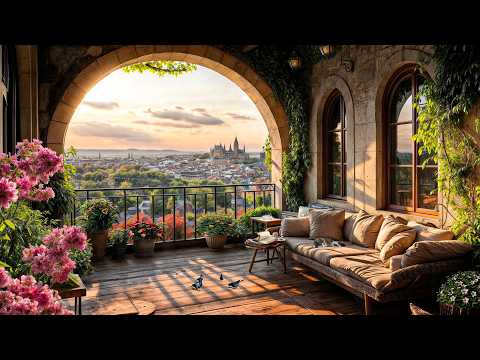 Luxury Cozy Moring Balcony View 🌇 Sofa, Blooming Flowers & Hour Cityscape | Relaxing 4K Ambience
