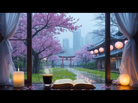 Cozy Rainy Day ☕🌸 Relaxing Rain Sounds & Falling Cherry Blossoms | Coffee & Focus Ambience