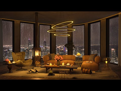 Relaxing Jazz Music 🌧️ Rainy Night Ambience in Los Angeles at Luxurious Apartment for Study and Work
