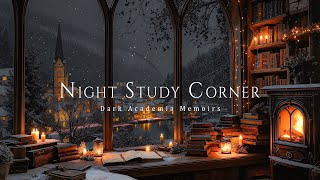 Soft Night Wind Ambience & Dark Academia Winter Piano | Cozy Study Corner with Fireplace Glowing