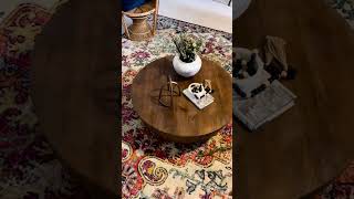 Drum Shape Wooden Coffee Table with Plank Design Base