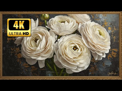 White Ranunculus Oil Painting in Baroque Masterpiece Style 🌸 | Gold Frame Vintage Art | 4K TV Art