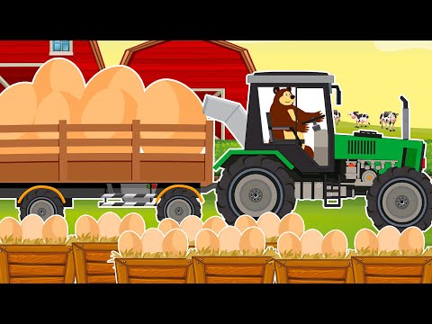 The bear farm - Harvest and transport duck eggs by tractor | Funny Farm Animals Animation