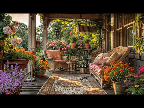 Cool Morning on a Flower-Filled Porch 🌿 Wicker Sofa, Sun Rays & Garden Peace | Relaxing 4K