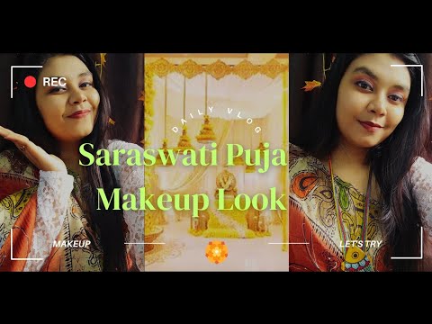 "Festive Fusion Makeup for Saraswati Puja".....🌼🤍#getreadywithme #saraswatipujamakeuplook #makeup