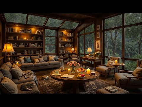 Stress Relief with Soft Jazz Piano 🌧️ Cozy Reading Nook Ambience & Soothing Rain for Relaxation