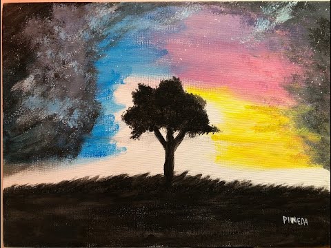 Colorful Abstract Lone Tree Silhouette Acrylic Painting for Beginners
