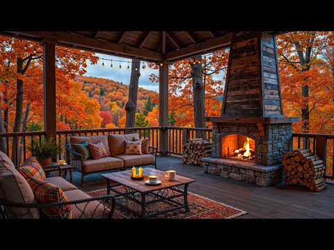 Autumn Jazz on the Cozy Mountain Porch 🍁 Warm Fireplace Ambience & Gentle Jazz for Study & Work