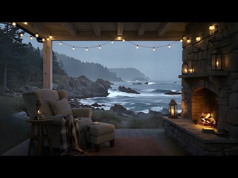 Stormy Porch | Ocean Rain, Distant Thunder, Waves, Cozy Fireplace, and Coastal Wind