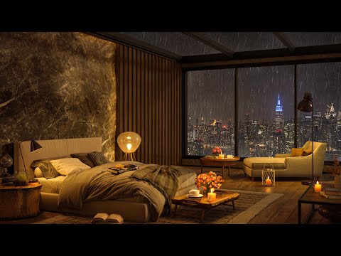 🌧️ Rainy Night at Cozy Bedroom Ambience of New York City & Smooth Piano Jazz Music for Sleep & Relax