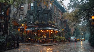 Smooth Jazz Playlist on a Rainy Day 🌧️ Cozy Vintage Outdoor Café Ambience & Quiet Street to Relax