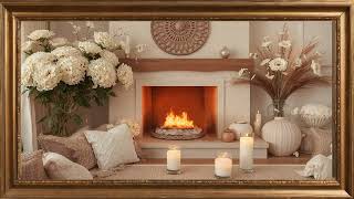 Gold framed Vintage and cozy  fireplace wall art  . 4k TV screensaver  Relax, Sleep, Study