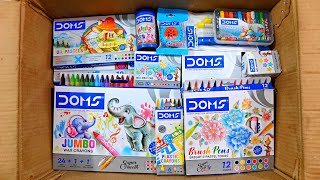 Unboxing DOMS Stationery📚, Brush Pen, Wax Crayons, Eraser, Sharpener, Grip Pencil, Oil Pastel, @doms