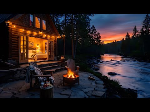 Cozy Riverside Cabin at Twilight | Fire Pit & Stream Sounds | Spring Night Ambience