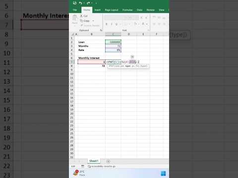 Calculate Interest using IPMT Function in Excel #excel #emi #loan #shorts #interest #shortsfeed