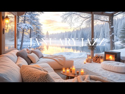 Cozy Wood by Winter Ambience In Lakeside 4K ❄️ Smooth Jazz with Fireplace & Jazz for Work and Study