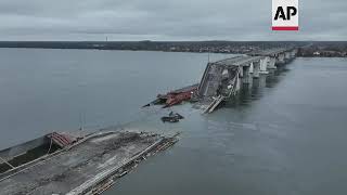 Aerials of damaged bridge over Dnipro River