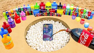 Experiment Big Toothpaste Eruption from iPhone Hole with Coca Cola,, Mtn Dew and Mentos Underground