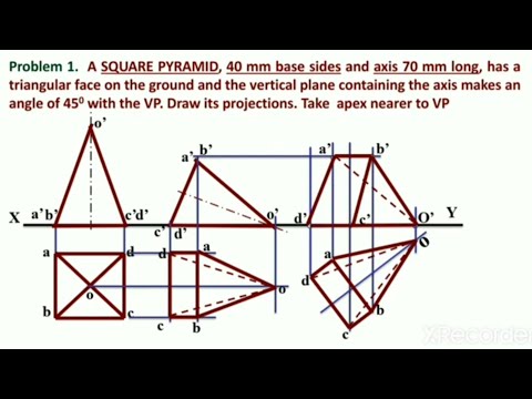 PROJECTION OF SQUARE PYRAMID RESTING ON TRIANGULAR FACE | PROJECTION OF SOLID | PROBLEM 14