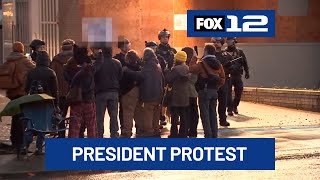 Federal agents clash with demonstrators at Portland ICE facility during Presidents Day protest