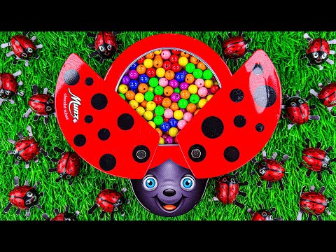 3 Minutes Satisfying ASMR | Color Slime & Beautiful Beads with LadyBug Full of Skittles Candy Video