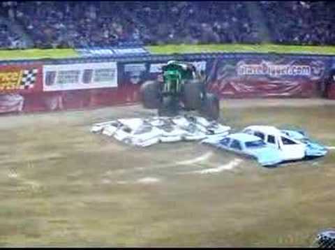 Grave Digger goes nuts before tipping over!
