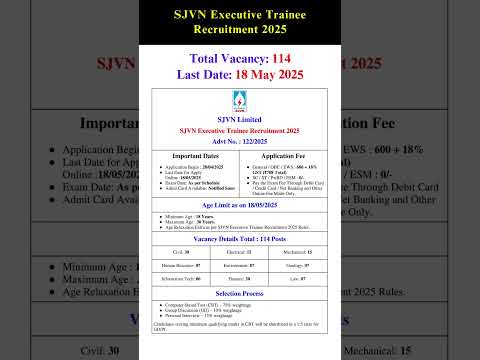 SJVN Executive Trainee Recruitment 2025 #sarkarinaukri #sarkarijob #jobnews