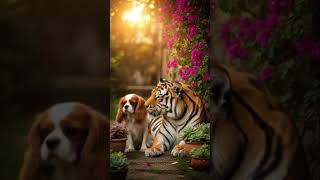 Cavalier Pup 🐶 & Majestic Tiger 🐯 in Golden Forest 🌿🌸 #DreamScreenAi