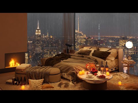 🏙 Cozy New York Bedroom with Relaxing Jazz Ambience by the Warm Fireplace & Rain Sounds for Sleep 🌧️