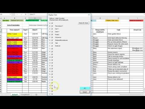 Project manager reminder / to-do list spreadsheet in Excel
