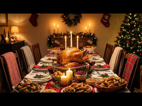 Cozy Traditional Christmas Dinner Table with Roast Turkey