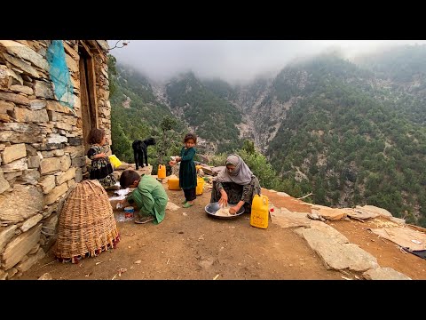 Hard Life of a Lonely Old Woman in High Mountains Village in Heavy Rainy Day Far From Civilization